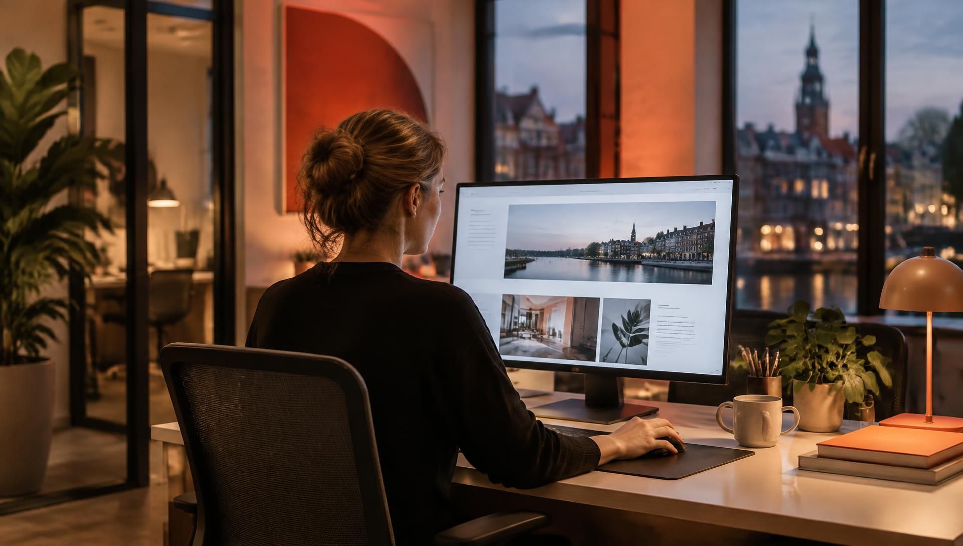 Redacteur werkt aan een website in een modern kantoor